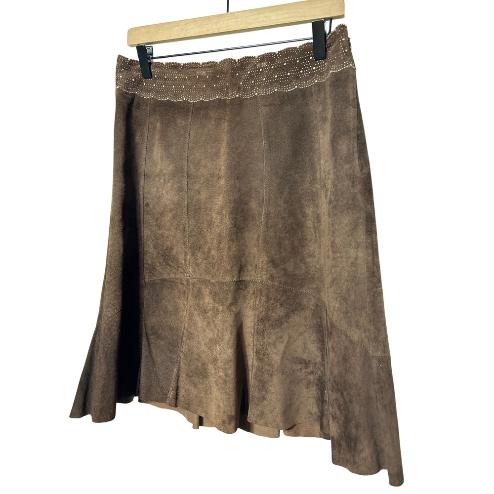 Cabi Brown Suede Panelled‎ Trumpet Skirt with Scalloped Waistband Size 6 EUC
